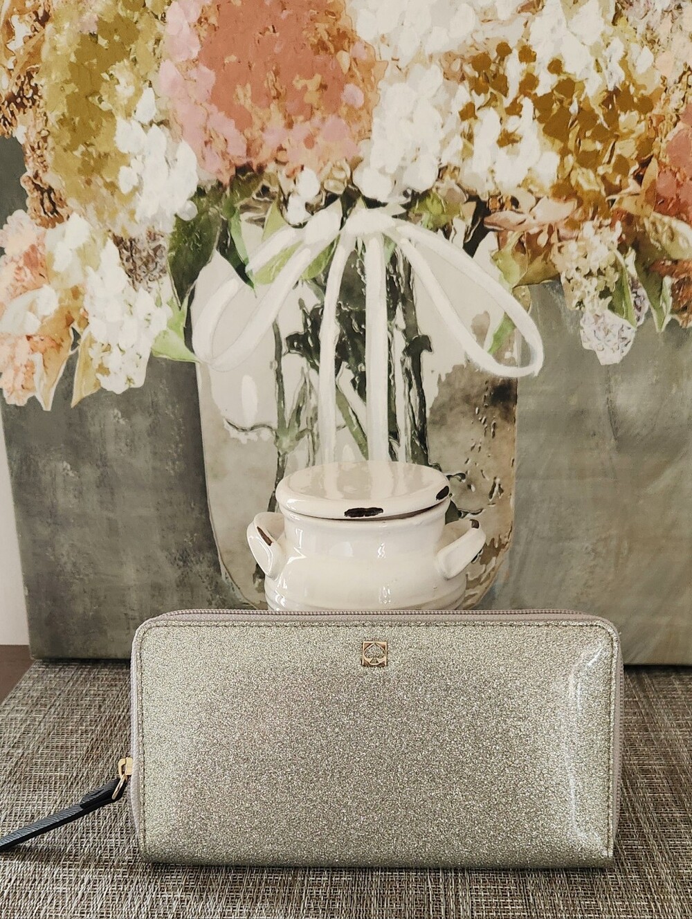 kate spade Silver Glitter Zip Around Wallet with Black Wristlet